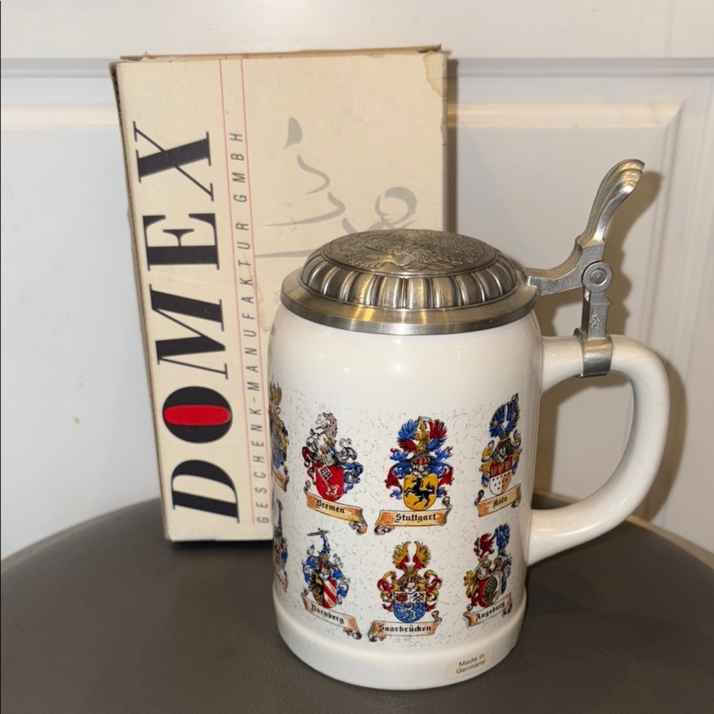 New Vintage Domex German Beer Stein with Pewter Lid & German Provinces Crests